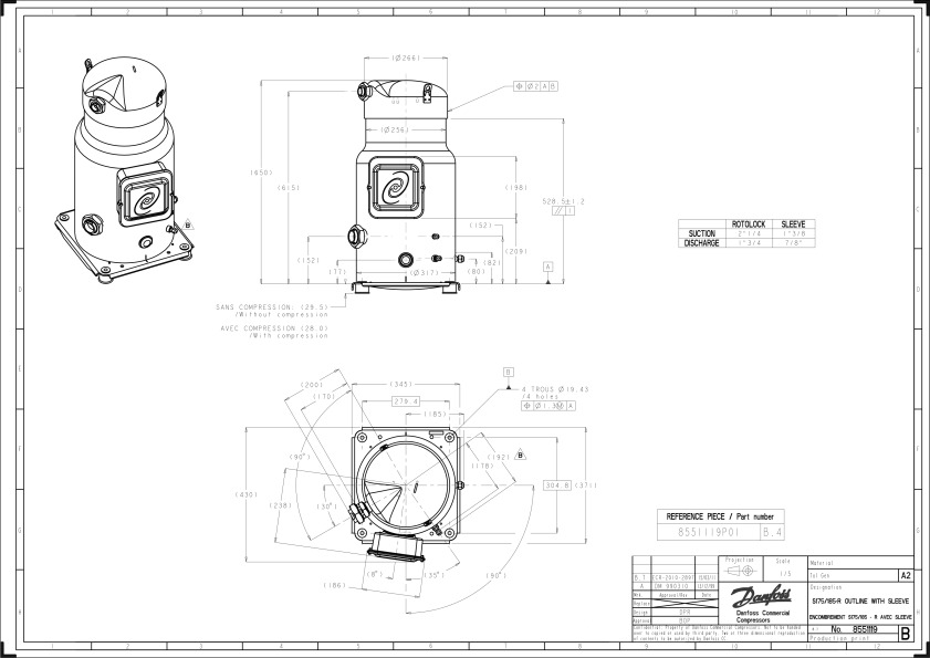 Danfoss SY — Герметичные спиральные компрессоры, R22, R134a, R407C SY300A4CBM Компрессор спиральный SY300A4CBM  - Вид №7