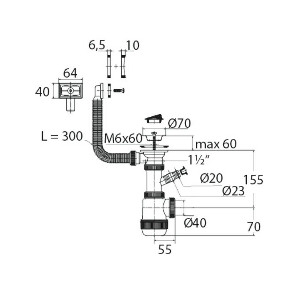 Сифон "МИНИ Элит" (30980675)  с нерж.чаш. д.70мм, отводом длястир.маш. и переливом (1 1/2"-д.40) 30980675 Santreyd  - Вид №1