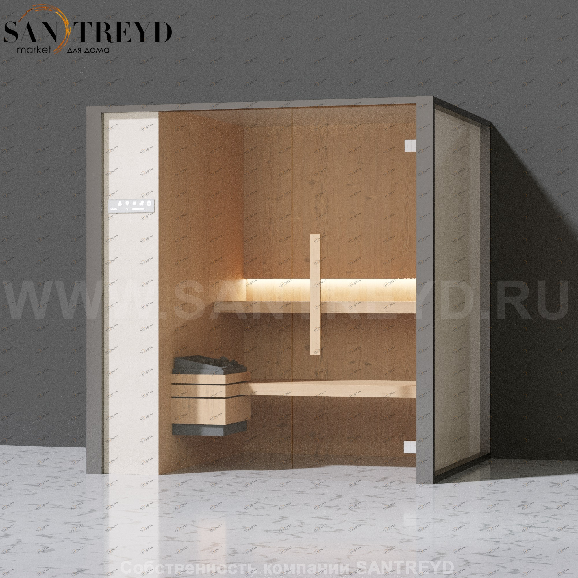 Effegibi ONEFILO S LO51010002 Сауна. Установка: к стене. Левая дверь. Мощность: 4,5 кВт макс. Размеры: длина 214 см, ширина 171 см. Отделка: матовый лакированный серый аллюминий и бежевый ламинат из керамогранита.