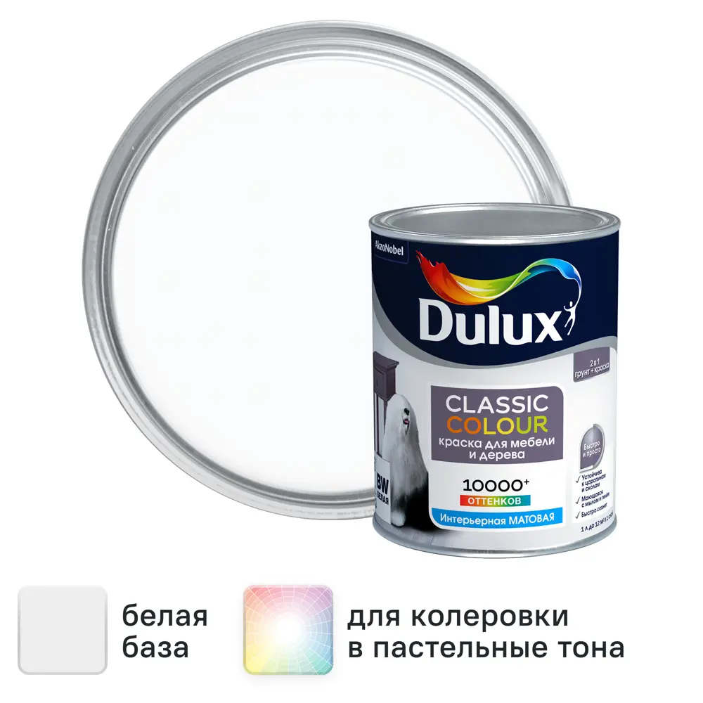 Краска для мебели и дерева Dulux Classic Colour моющаяся матовая цвет белый база BW 1 л STLM-2167088
