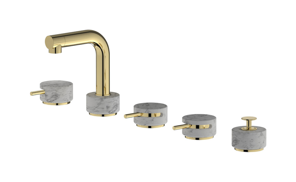 Смеситель на бортик ванной на 5 отверстий с дивертером и душевым гарнитуром. WE ARE IB mm396ii_1 Pale Gold Marmo