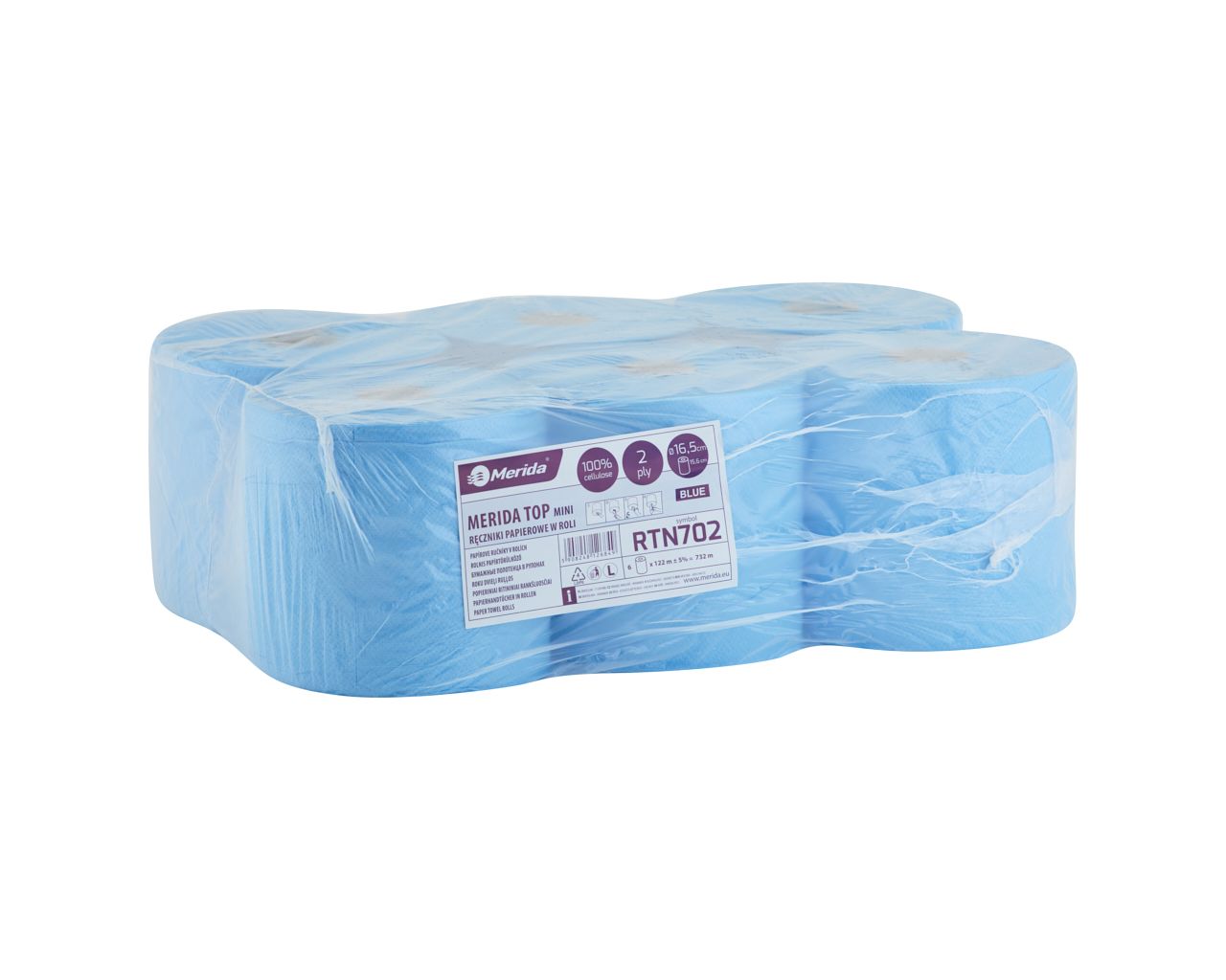 RTN702 Бумажные полотенца в рулонах TOP CENTER PULL MINI, синие, диаметр 16,5 см, длина 122 м, двухслойные, в упаковке 6 рулонов Merida 