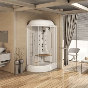 Душевая кабина "ГРАНД" (левое исполнение), поддон на раме-подставке с устройством слива, боковые стенки, центральная стойка, стеклянные шторки (матовые), смеситель, 3 стеклянные полочки, душевая лейка, сиденье