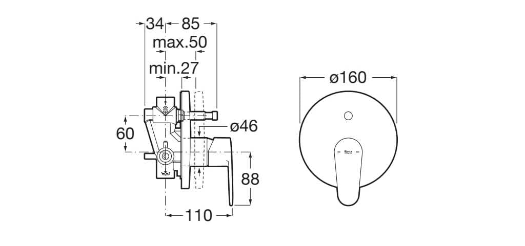 Латунь 2 отверстия утопленный смеситель для душа Roca Victoria Plus ARCH-00095378 - Вид №3