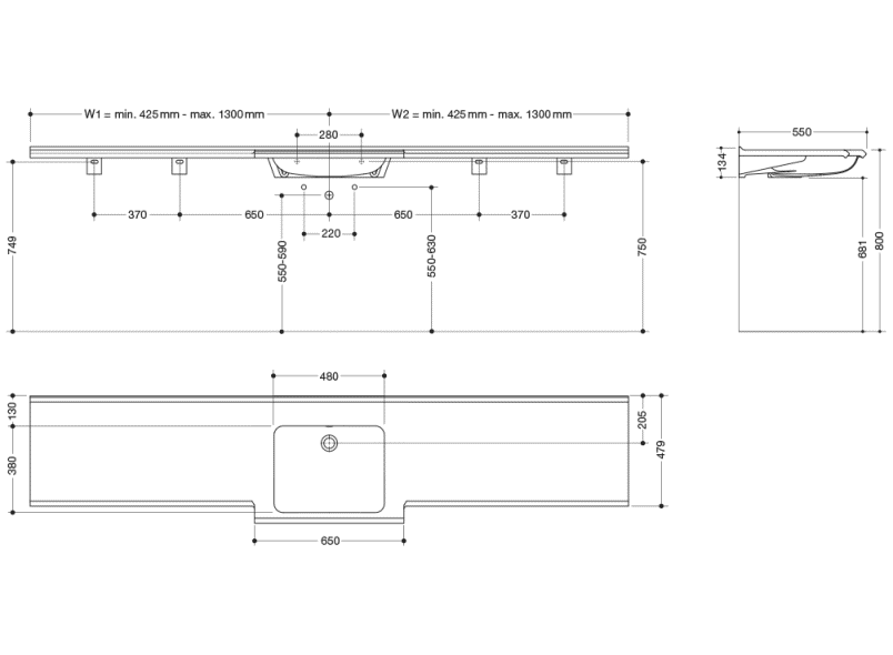 950.13.202S Умывальник различной длины HEWI Waschtische  - Вид №1