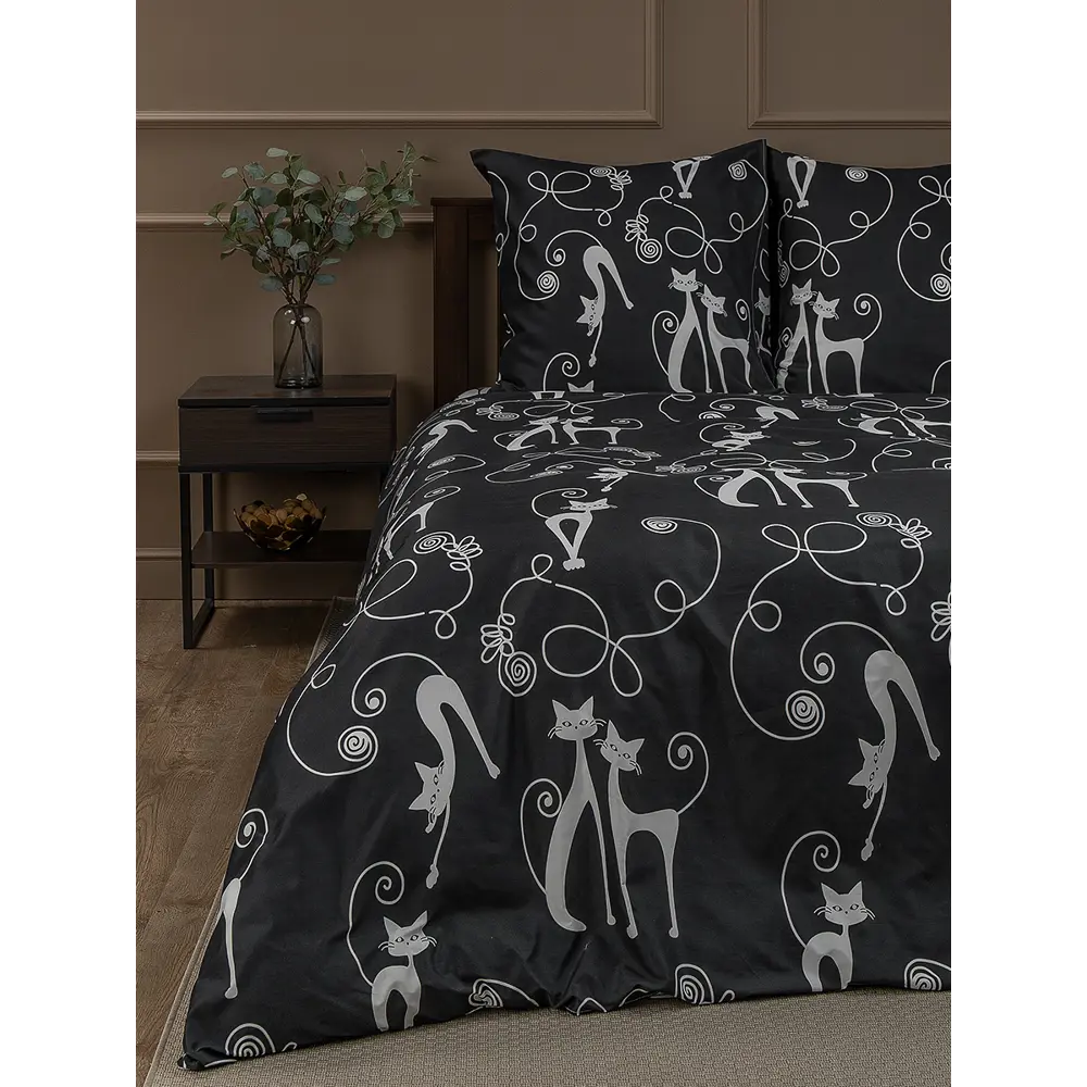 Комплект постельного белья Amore Mio Катс евро полисатин черный STLM-2209969 - Вид №6