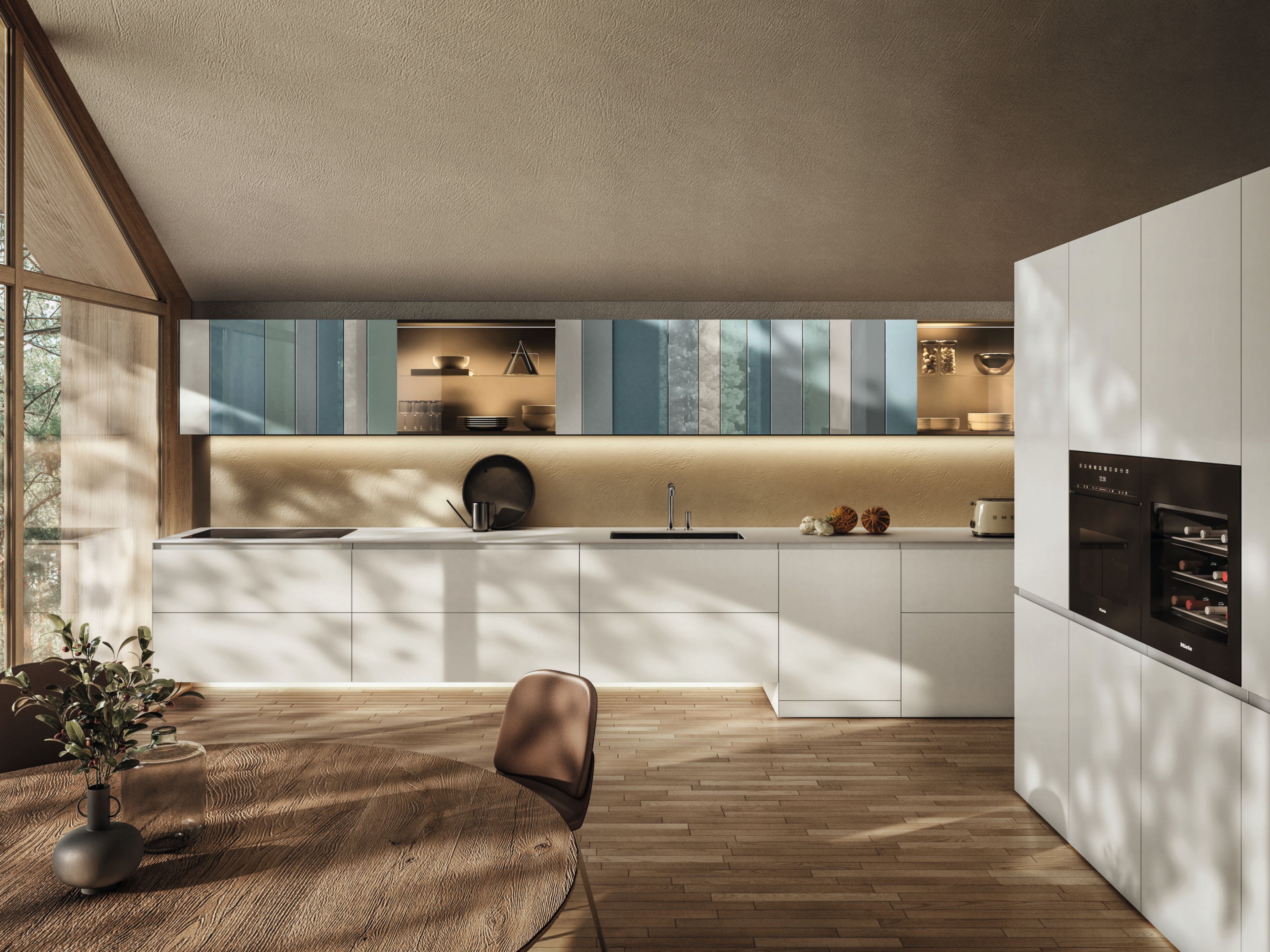 Линейная кухня из дерева и стекла без ручек Lago N. O. W ARCH-00100453