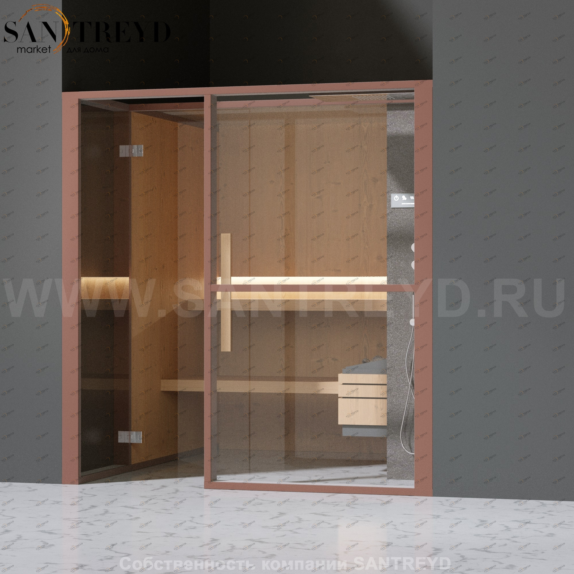 Effegibi LOGICAFILO S LO21030009 Сауна. Установка: в нишу. Правая дверь. Мощность: 6 кВт макс. Размеры: длина 214 см, ширина 250 см. Отделка: канадский хемлок, матовый лакированный коричневый аллюминий и темный ламинат из керамогранита.