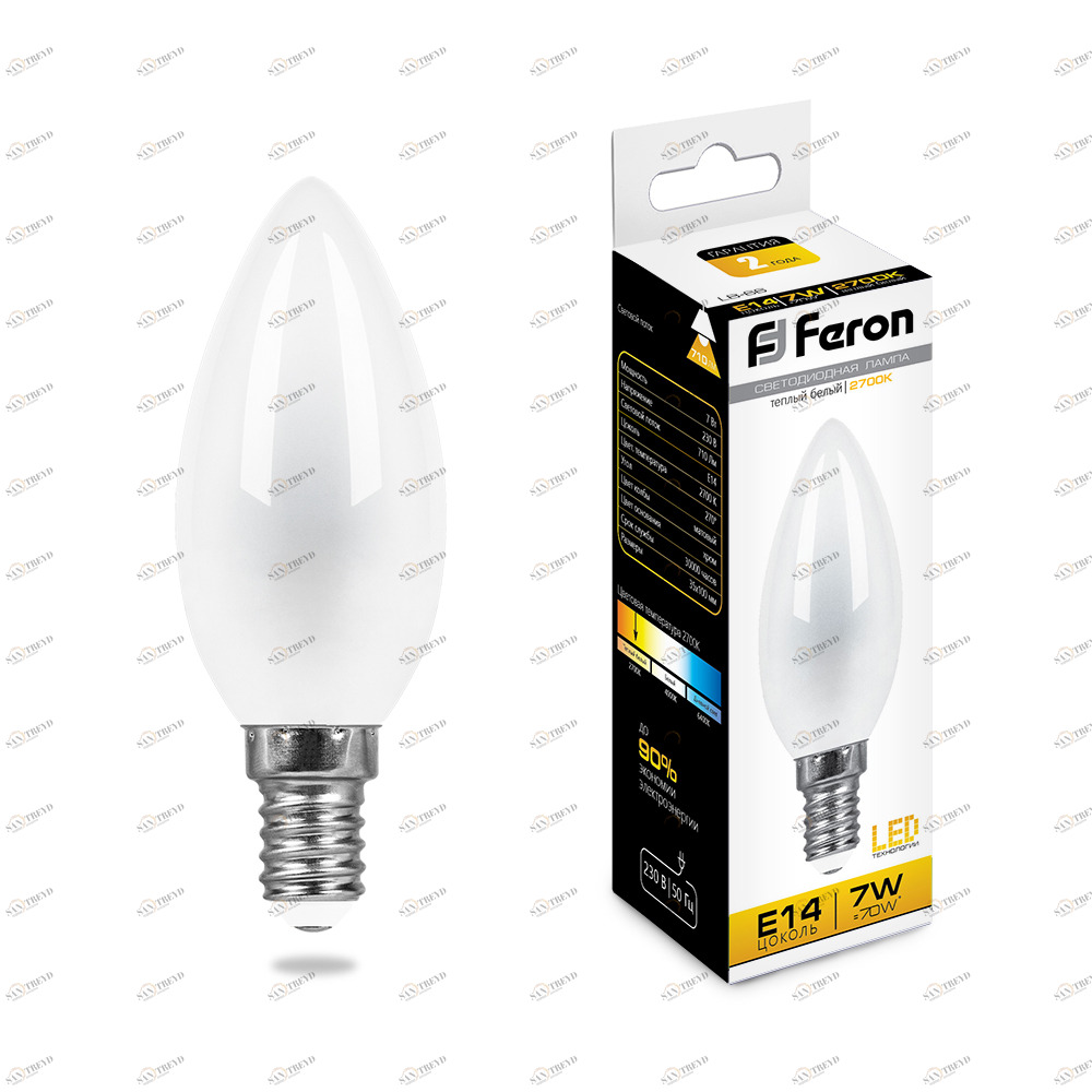 Лампа светодиодная Feron "Свеча" E14 7W 2700K LB-66 25785 FERON  00-3956787 Матовый 