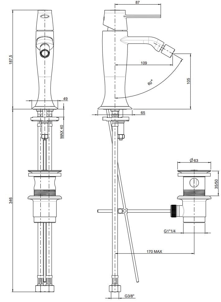Однорычажный смеситель для биде без слива Rubinetterie Frattini Delizia ARCH-00121250 - Вид №4