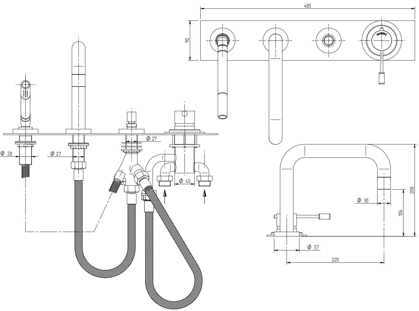 ZAZZERI Набор для ванны, однорычажный, с ручным душем, 4 отверстия Modo sun-id-1456040 - Вид №3
