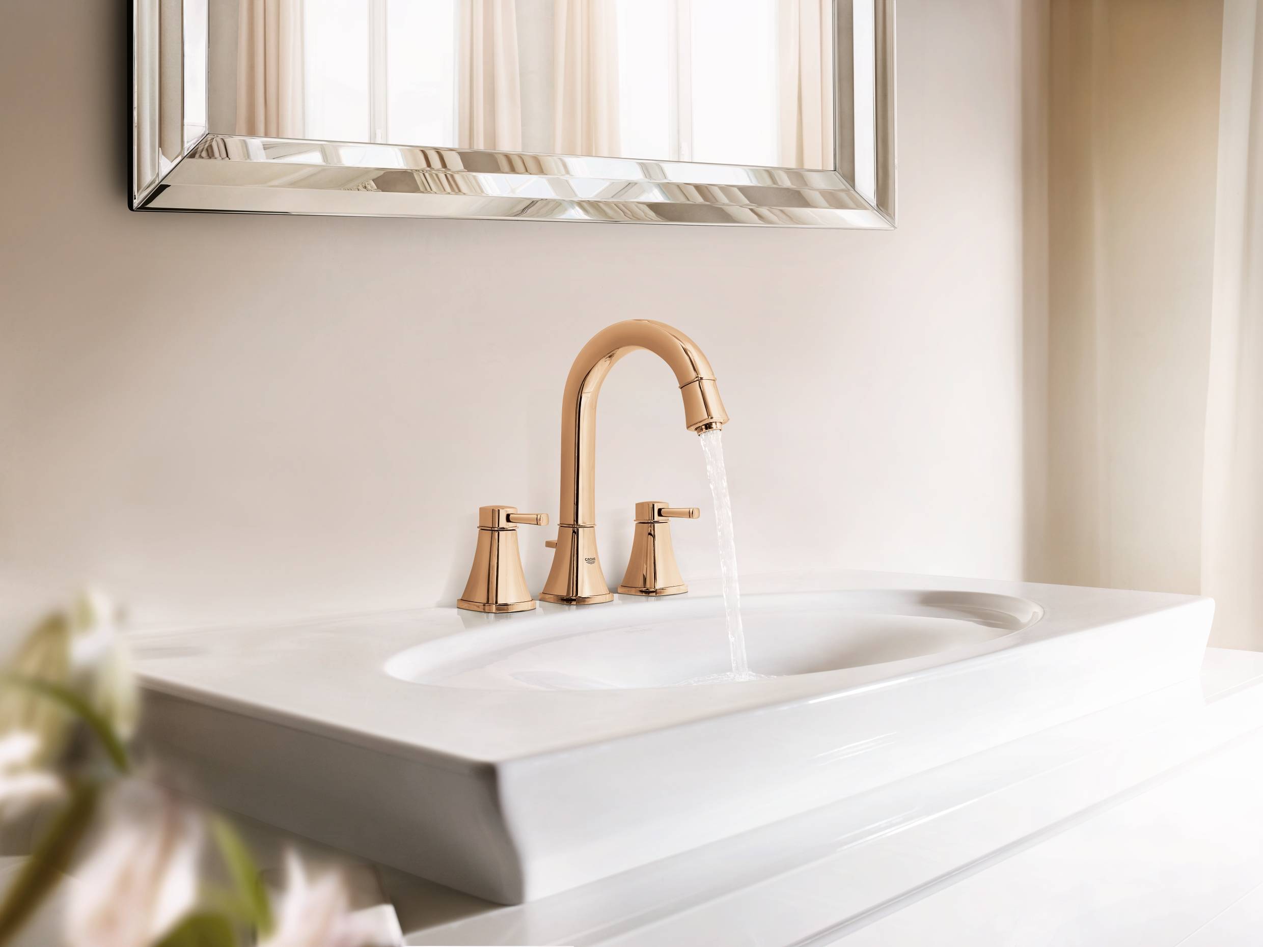 Смеситель для раковины GROHE Grandera на 3 отверстия с донным клапаном, высокий излив, теплый закат глянец (20389DA0) - Вид №1