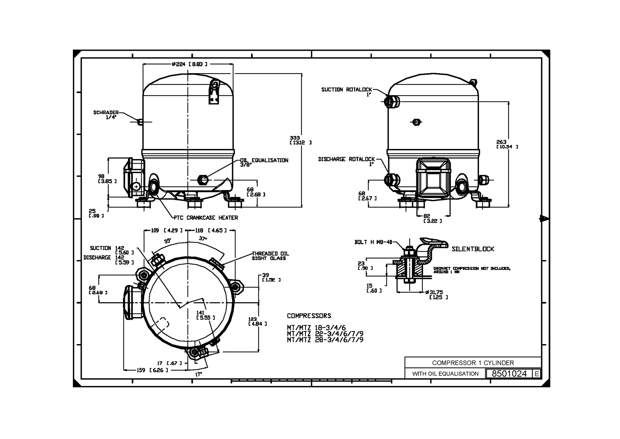 Danfoss MT/MTZ — Герметичные поршневые компрессоры MTZ72-4VI Компрессор MTZ72-4VI  - Вид №12