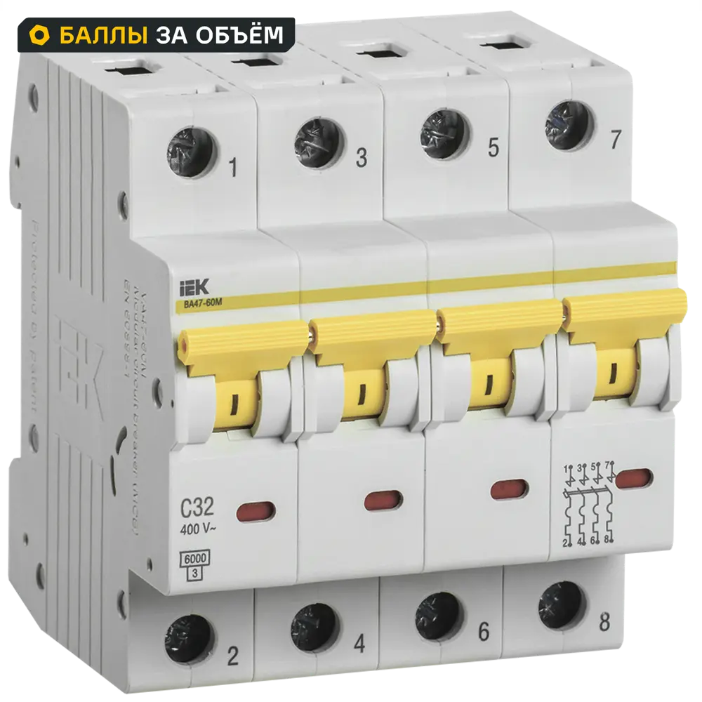 Автоматический выключатель IEK ВА47-60M 4Р C32 А 6 кА MVA31-4-032-C STLM-2131971