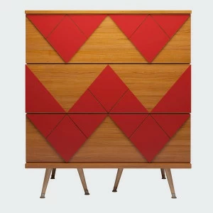 Комод с деревянными ножками и 3 ящиками красный Lady Woo WOODI  00-3965958 Бежевый;дуб сонома;красный