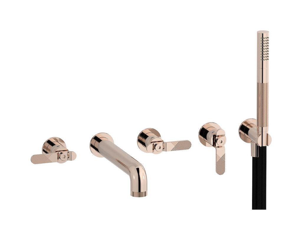 Настенный смеситель для ванной на 5 отверстий с дивертером и душевым гарнитуром. WE ARE IB b2398rs Rose Gold Bold