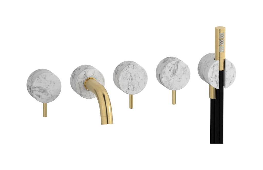 Настенный смеситель для ванной на 5 отверстий с дивертером и душевым гарнитуром. WE ARE IB mr398os_1 Brushed Gold Marmo