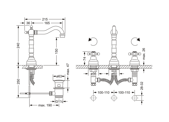 Смеситель для раковины на три отверстия ½" JOERGER Delphi 109.30.300.000 - Вид №1
