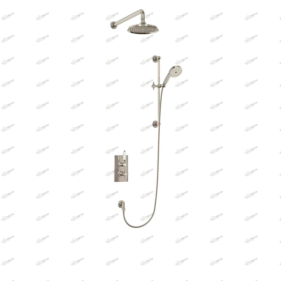 Душевая стойка с встроенным термостатом на 2 выпуска, верхняя лейка 12', НИКЕЛЬ [BARC64 NKL + ARCV60 NKL] Arcade Burlington ARC64, ARCV60 NKL