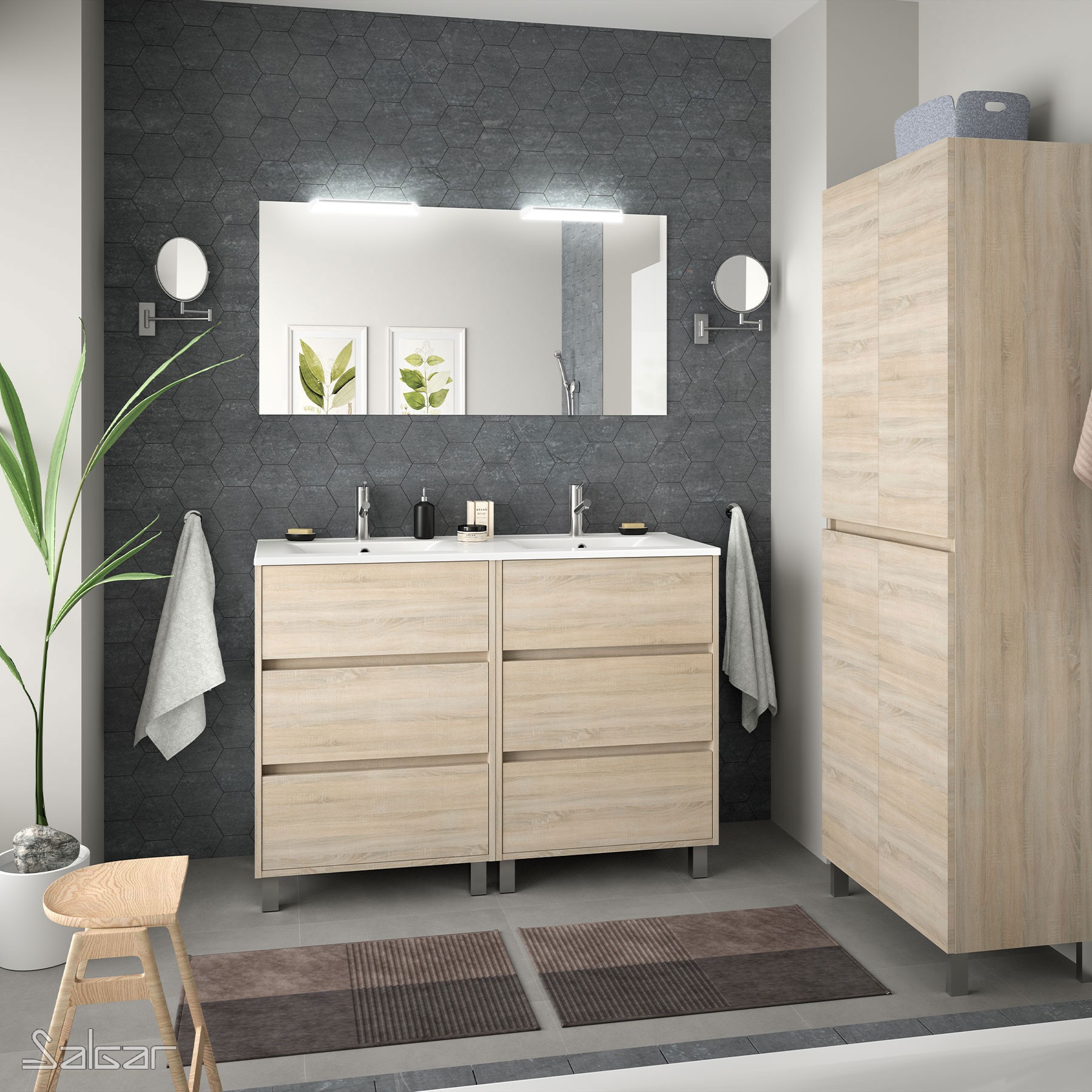 85149 SALGAR Комплект мебели для ванной ARENYS 1200 OAK CALEDONIA + Раковина + Зеркало + Свет Дуб Каледония