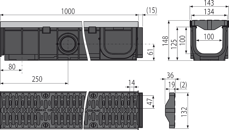 Дренажный канал 100 мм с металлической рамой и решеткой из композитного материала С250 ALCAPLAST AVZ103R403 - Вид №1