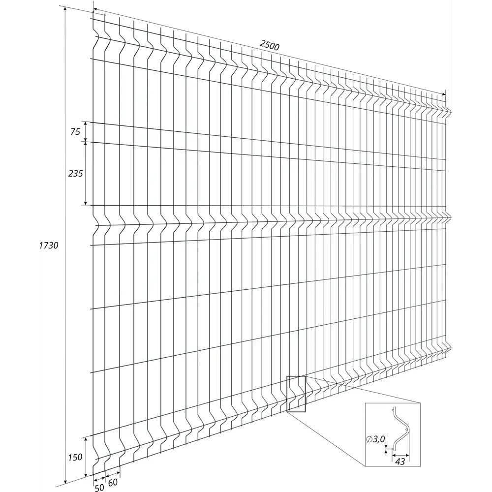 3D панель для забора Fine 2.5x1.73 м RAL 7024 серый 3 ребра Santreyd STLM-2132374 - Вид №2