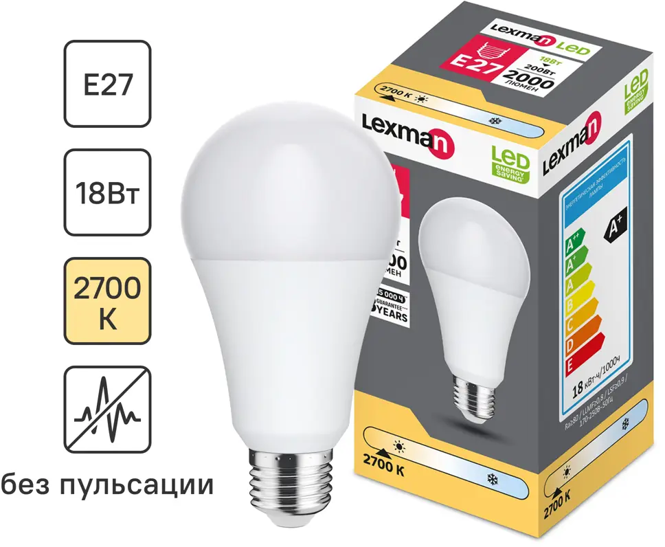 Светодиодная лампа Lexman груша E27 18Вт теплый белый свет 2000 лм 86270598