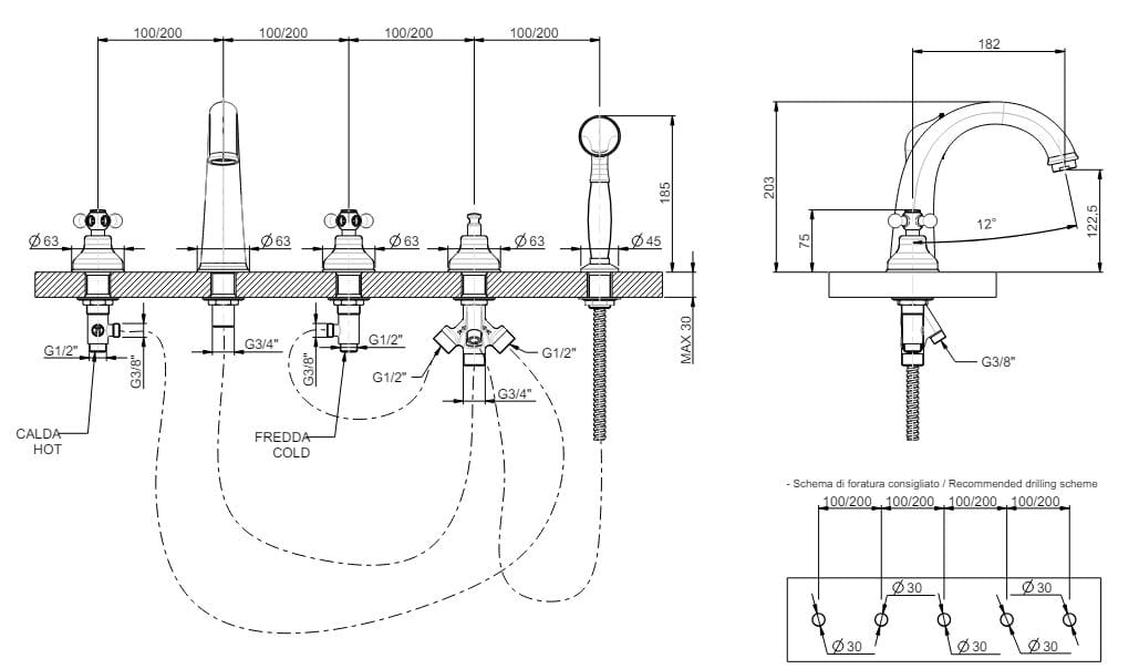 Набор для ванной с 5 отверстиями и ручным душем Rubinetterie Frattini Dedra ARCH-00034388 - Вид №3