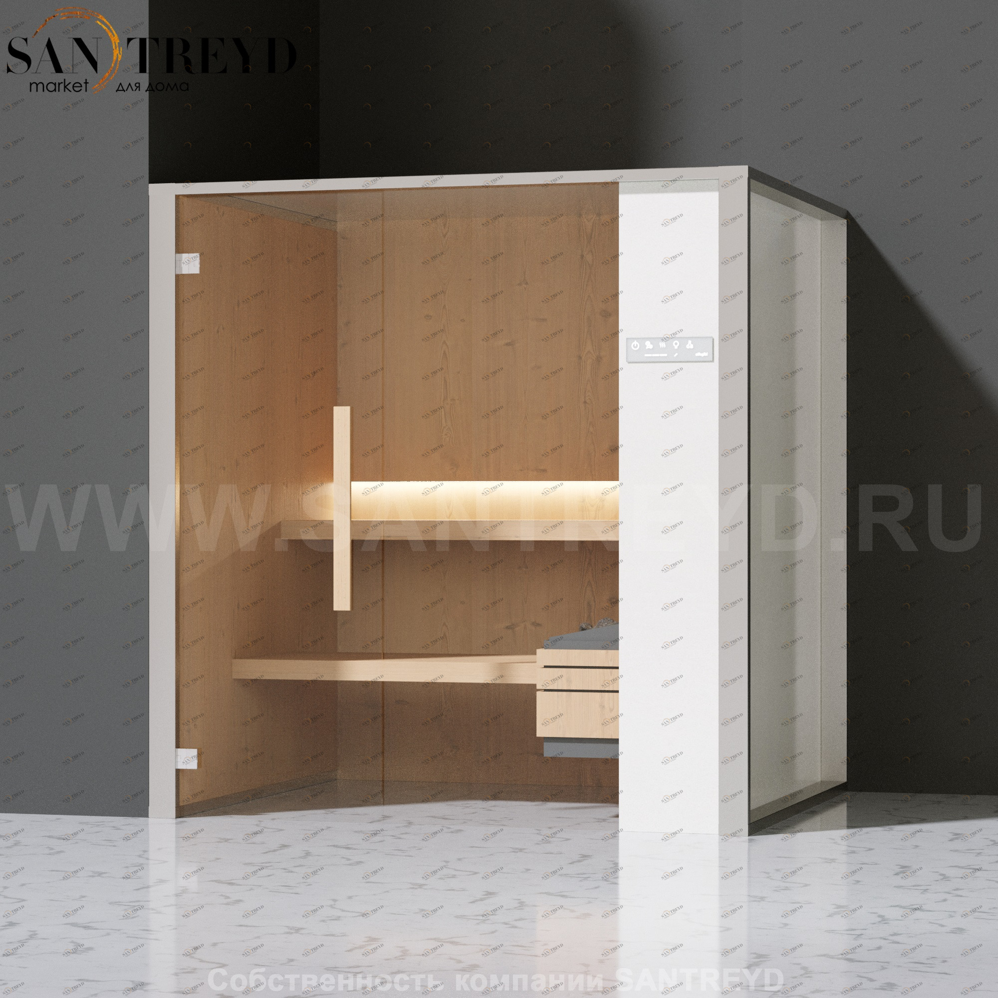 Effegibi ONEFILO S LO51020005 Сауна. Установка: в левый угол. Правая дверь. Мощность: 4,5 кВт макс. Размеры: длина 214 см, ширина 171 см. Отделка: матовый лакированный белый аллюминий и серый ламинат из керамогранита.