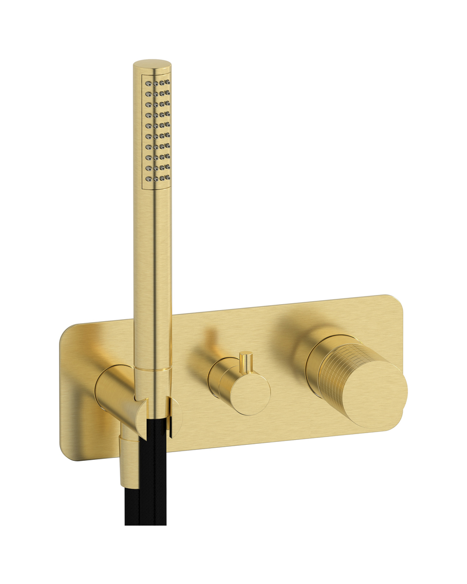 Внешние части встроенного в стену смесителя на 2 потребителя в комплекте с душевым гарнитуром. WE ARE IB ga313is Brushed Pale Gold Gatsby