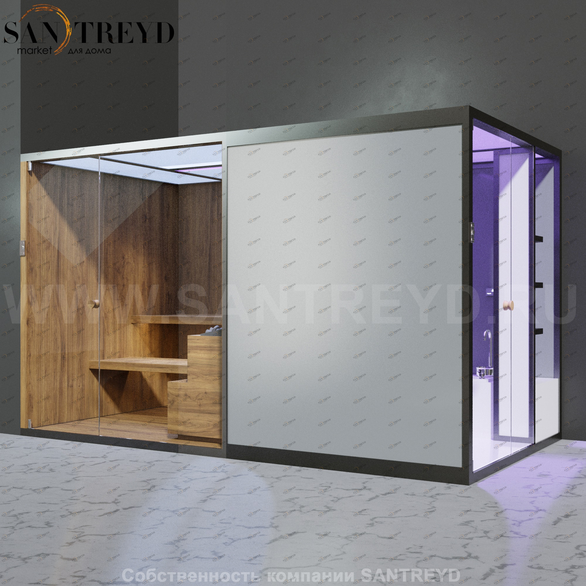Effegibi BODYLOVE SH BL45230005 Боковая комбинированная баня: хаммам и сауна. Установка: в левый угол. Мощность: 15 кВт макс. Размеры: длина 393 см, ширина 176 см. Отделка: термообработанная древесина, гладкое стекло.