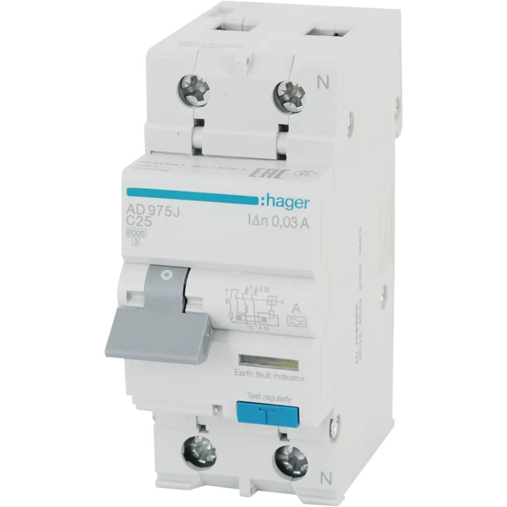 Дифференциальный автомат Hager AD990J 1P N C25 A 30 мА 6 кА A STLM-2109124