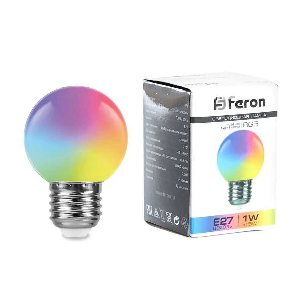 Лампа светодиодная Feron E27 LB-37 220 В 1 Вт шар регулируемый цвет света RGB матовый плафон STLM-2108895 - Вид №1