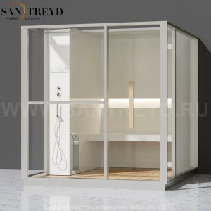 Effegibi LOGICA H LO30020002 Хаммам. Установка: к стене. Левая дверь. Мощность: 4,5 кВт макс. Размеры: длина 214 см, ширина 250 см. Отделка: матовый лакированный белый аллюминий и серый ламинат из керамогранита.