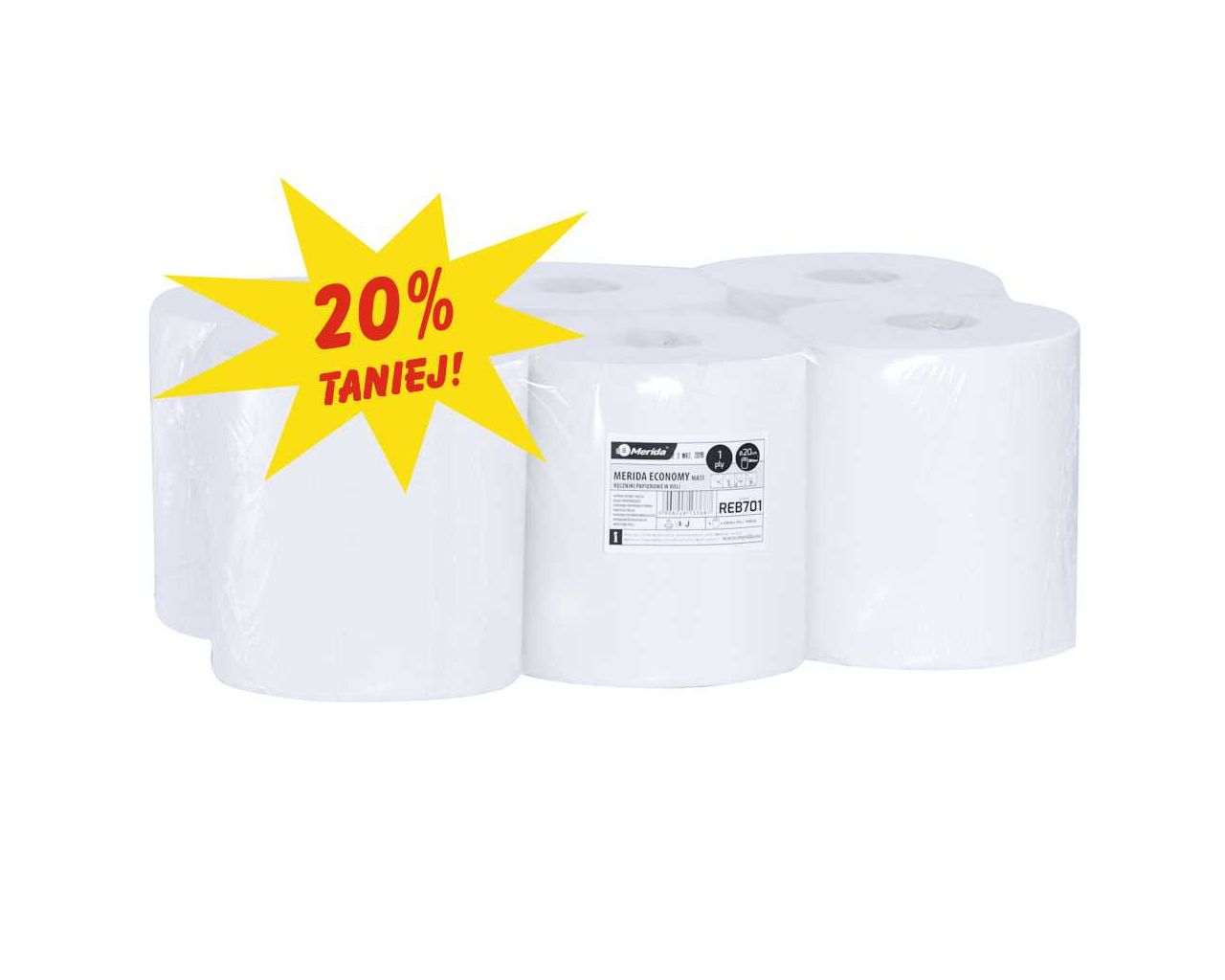 REB701 Бумажные полотенца в рулонах ECONOMY CENTER PULL MAXI, белые, диаметр 20 см, длина 320 м, однослойные, в упаковке 6 шт. Merida  - Вид №1