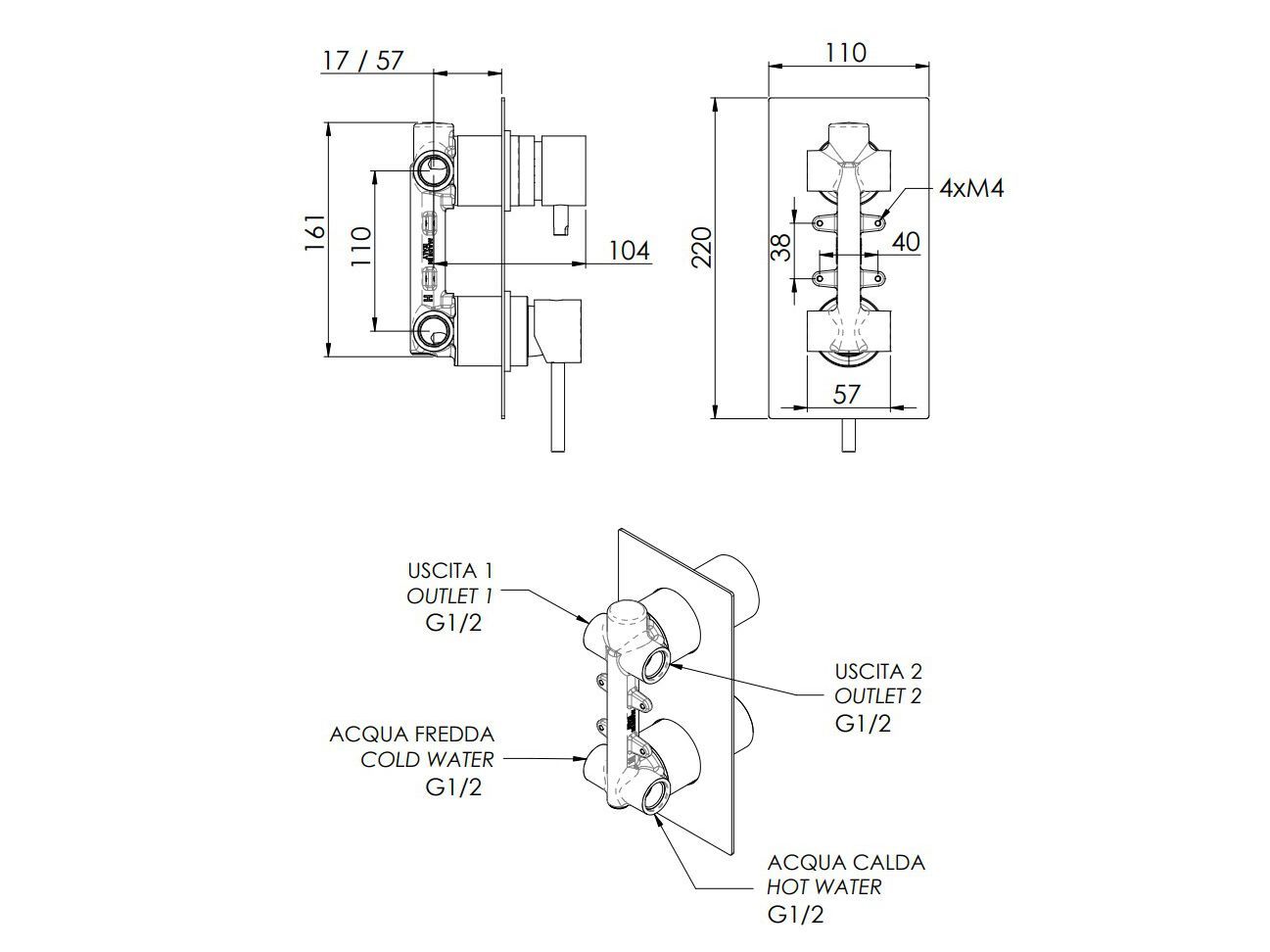 Встраиваемый однорычажный смеситель для душа с переключателем Rubinetterie Mariani Next ARCH-00006907 - Вид №1
