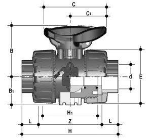 SANIT 182030533 2-ходовой шаровой кран d 16-63, ВКД DualBlock®, ПВХ-С, розетка растворителя, безопасность рычаг  - Вид №1