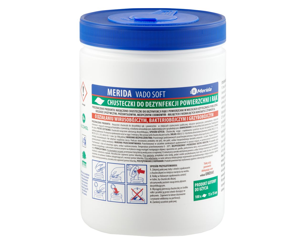 UMD742 Салфетки для дезинфекции рук и поверхностей VADO SOFT без спирта, туба, 15 м, 100 листов Merida 
