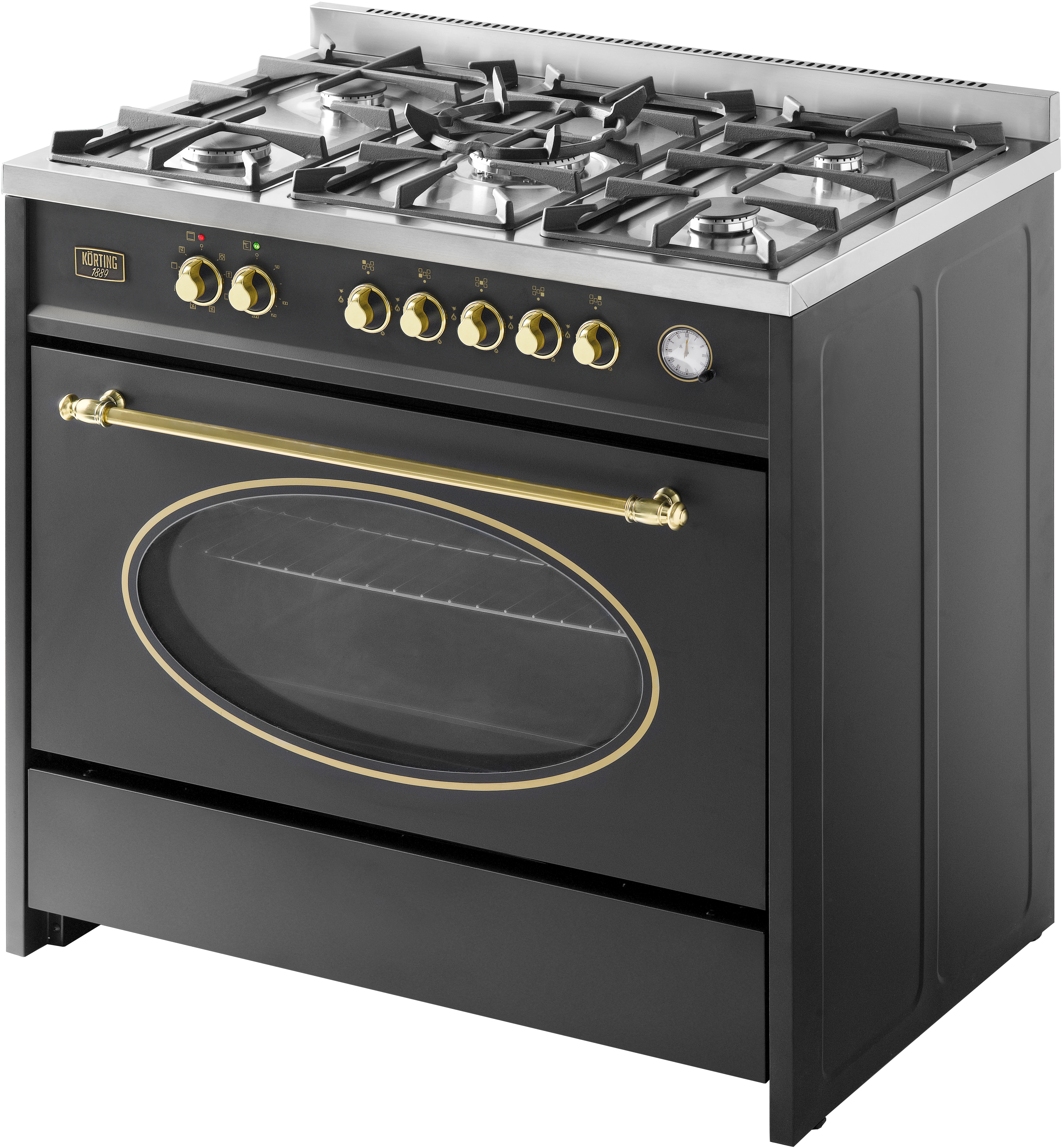 CKE 98051 CRN Отдельностоящая газовая плита / ширина 90 см, серия ретро, поверхность: 5 высокоэффективных газовых конфорок, сверхмощная конфорка wok, газовая поверхность из нержавеющей стали, чугунные держатели посуды, автоматический электроподжиг, газ-ко Santreyd  - Вид №1
