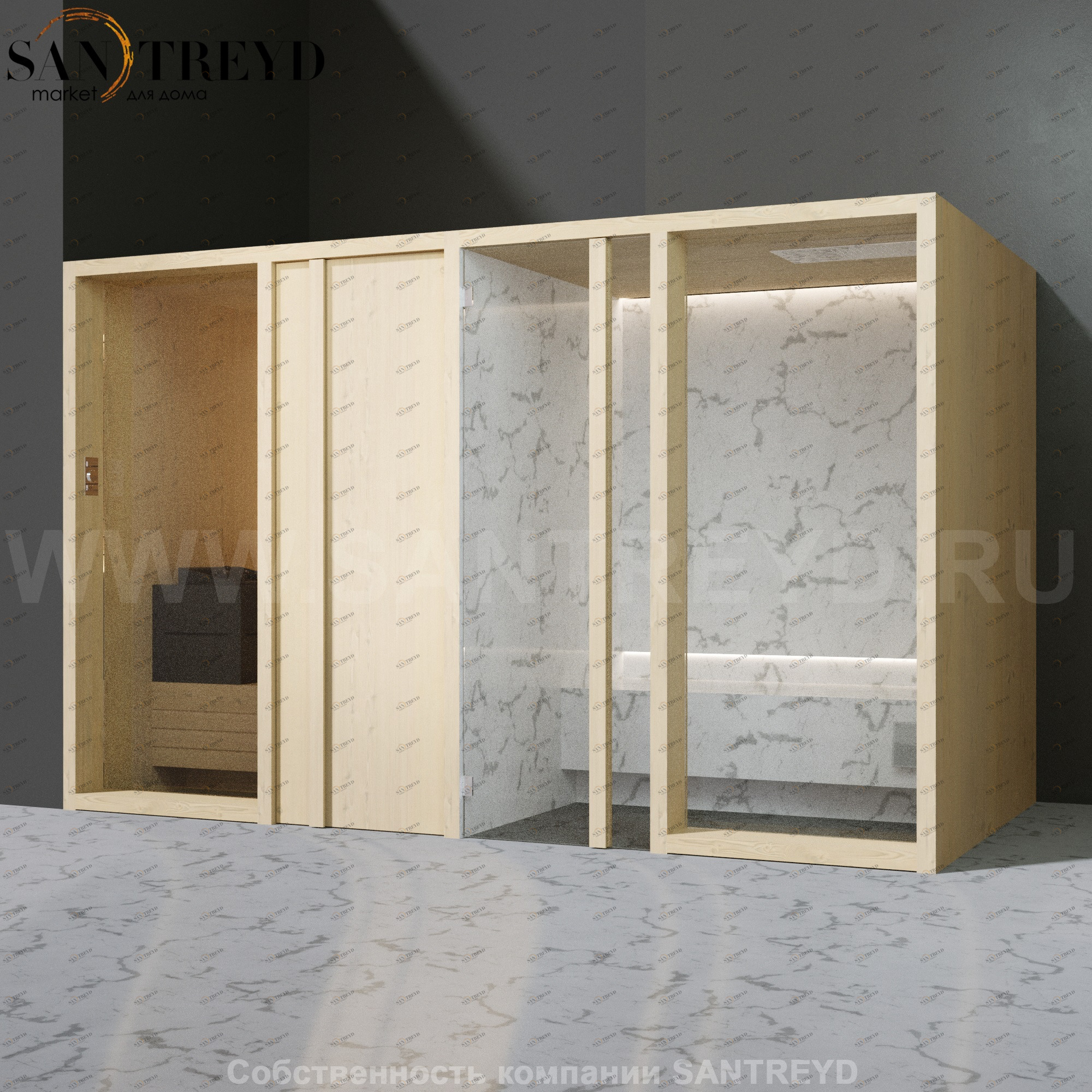 Effegibi YOKU.D SH YO.20110003 Комбинированная баня: хаммам и сауна. Установка: в левый угол. Мощность: 10,5 кВт макс. Размеры: длина 342 см, ширина 170 см. Отделка: осина термообработанная и светлый керамогранит YO20110003