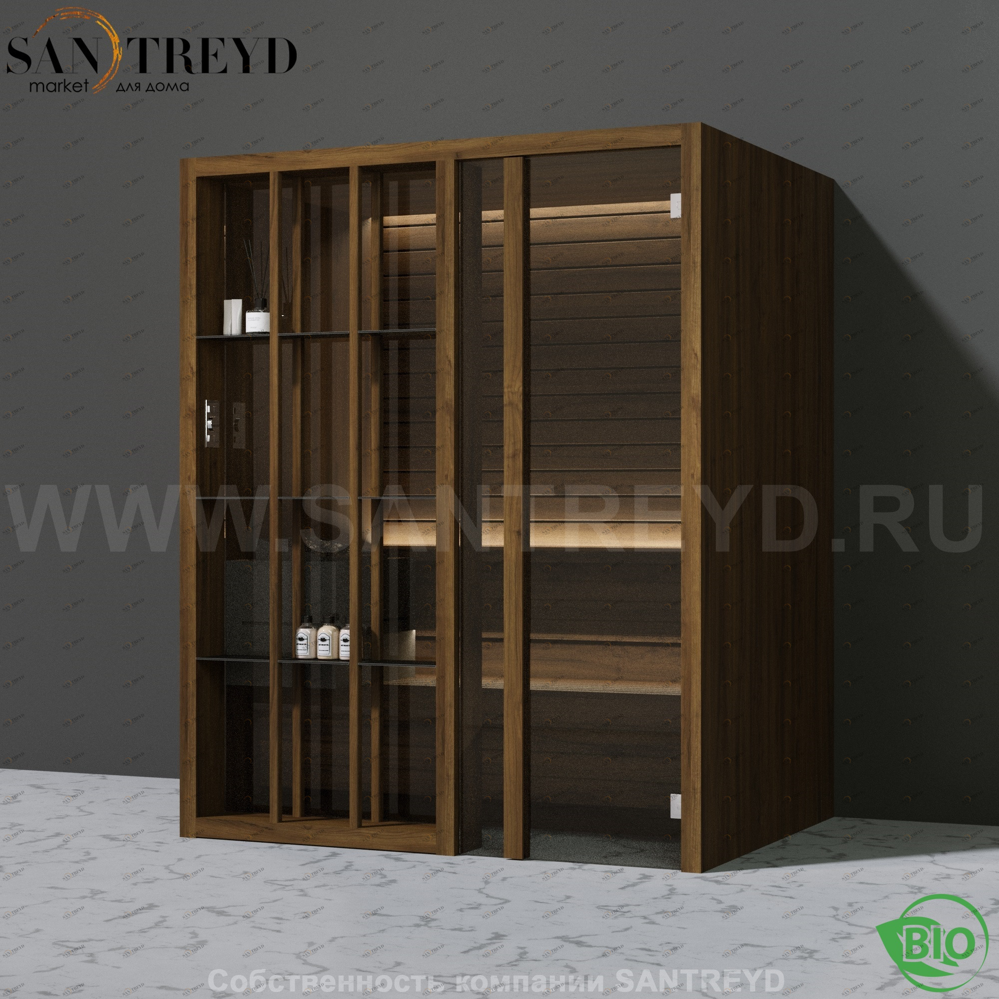 Effegibi YOKU.S45 BI.70100019 Био-сауна с правой дверью. Мощность: 4,5 кВт макс. Размеры: длина 174 см, ширина 132 см. Отделка: чёрный орех BI70100019