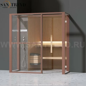 Effegibi LOGICAFILO S LO21030012 Сауна. Установка: в полунишу. Левая дверь. Мощность: 6 кВт макс. Размеры: длина 214 см, ширина 250 см. Отделка: канадский хемлок, матовый лакированный коричневый аллюминий и темный ламинат из керамогранита.