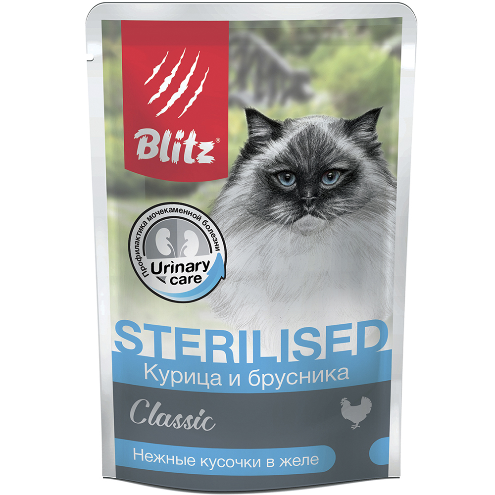 ПР0055595*24 Корм для кошек для стерилизованных и кастрированных,курица и брусника, кусочки в желе пауч 85г (упаковка - 24 шт) Blitz 