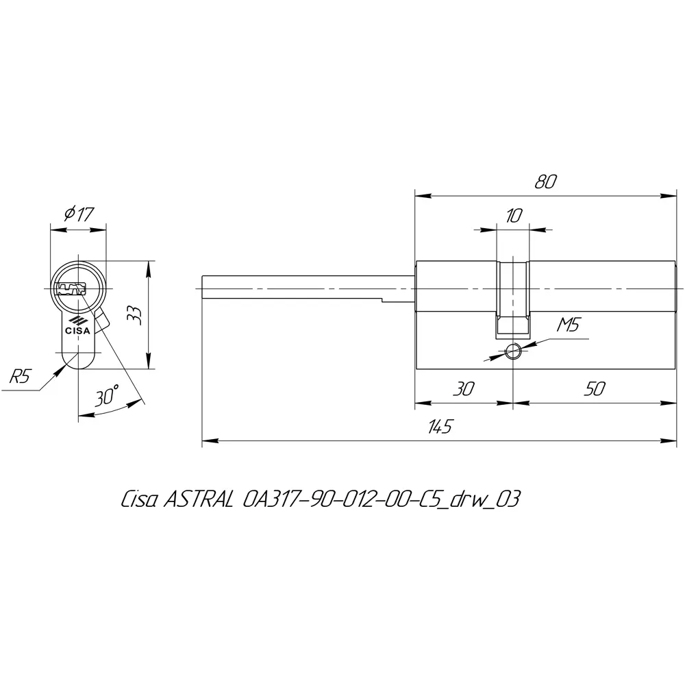 Цилиндр Cisa Astral OА317-90.12, 45x10x25 мм, ключ/шток, цвет никель, без вертушки STLM-2014654 - Вид №4