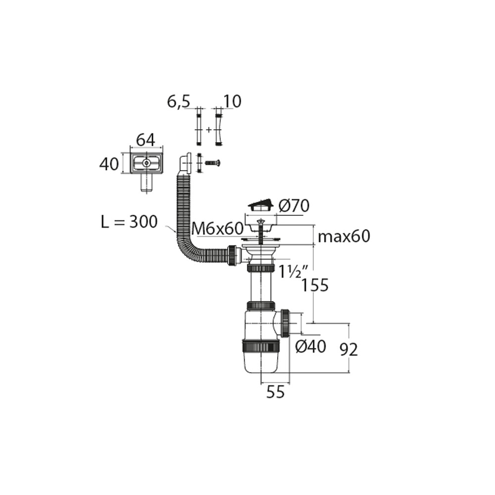 30986150 Сифон "Элит" () с нерж.чашкой д.70мм и переливом (1 1/2"-д.40) Raiber  - Вид №1