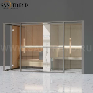 Effegibi LOGICAFILO LO11010007 Комбинированная баня: хаммам и сауна. Установка: в правый угол. Мощность: 10,5 кВт макс. Размеры: длина 373 см, ширина 250 см. Отделка: канадский хемлок, матовый лакированный серый аллюминий и бежевый ламинат из керамогранит