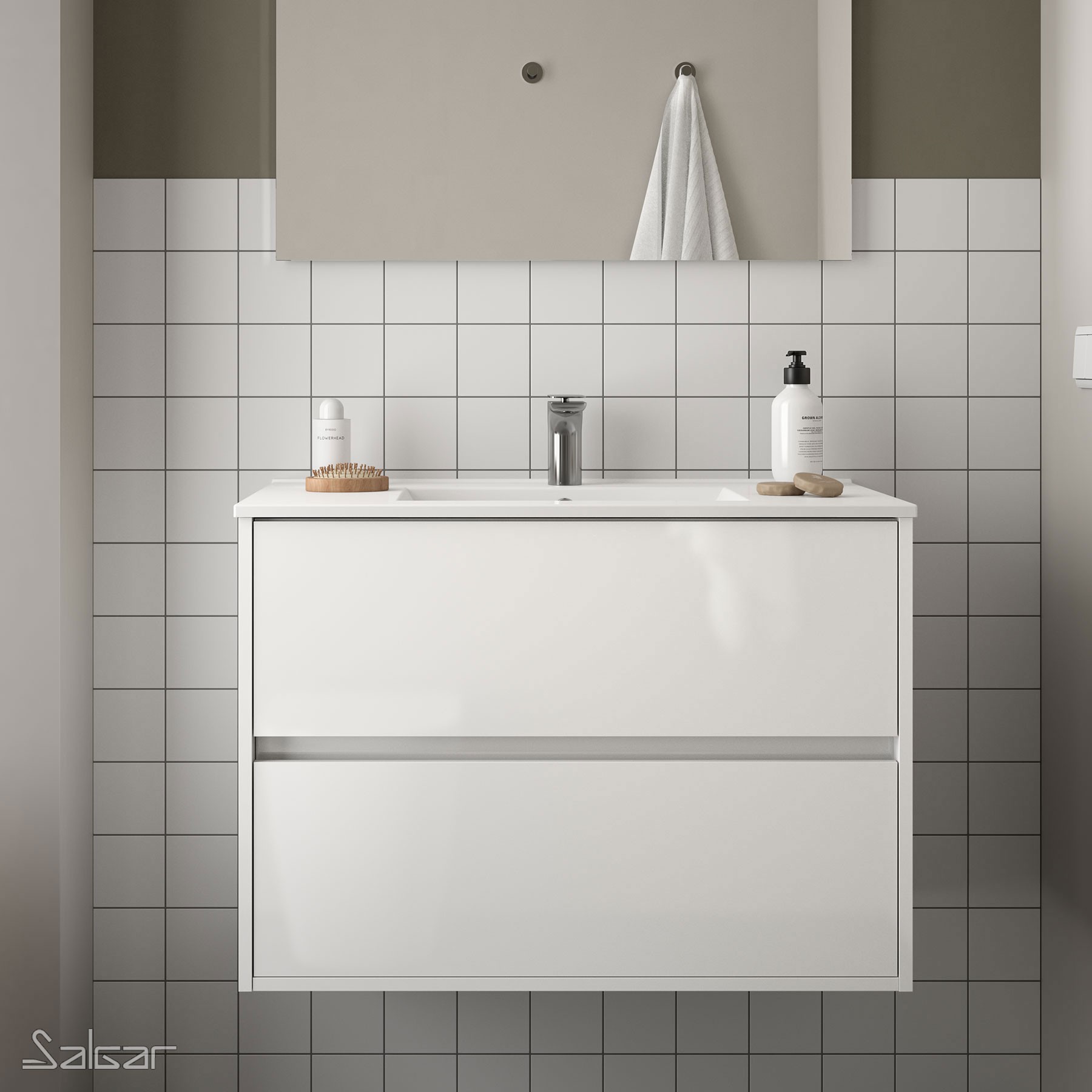 85073 SALGAR Мебель для умывальника NOJA 900 WHITE GLOSS LACQUERED + Раковина Глянцевый белый