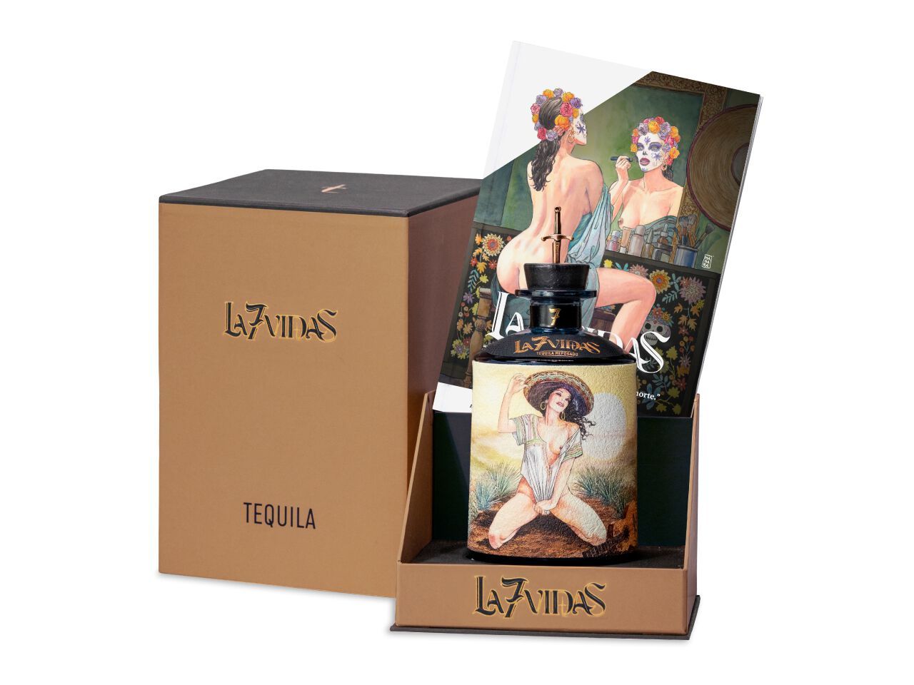 Коробка с бутылкой текилы и мультфильм J.Rose La 7 Vidas Tequila ARCH-00024728 - Вид №1