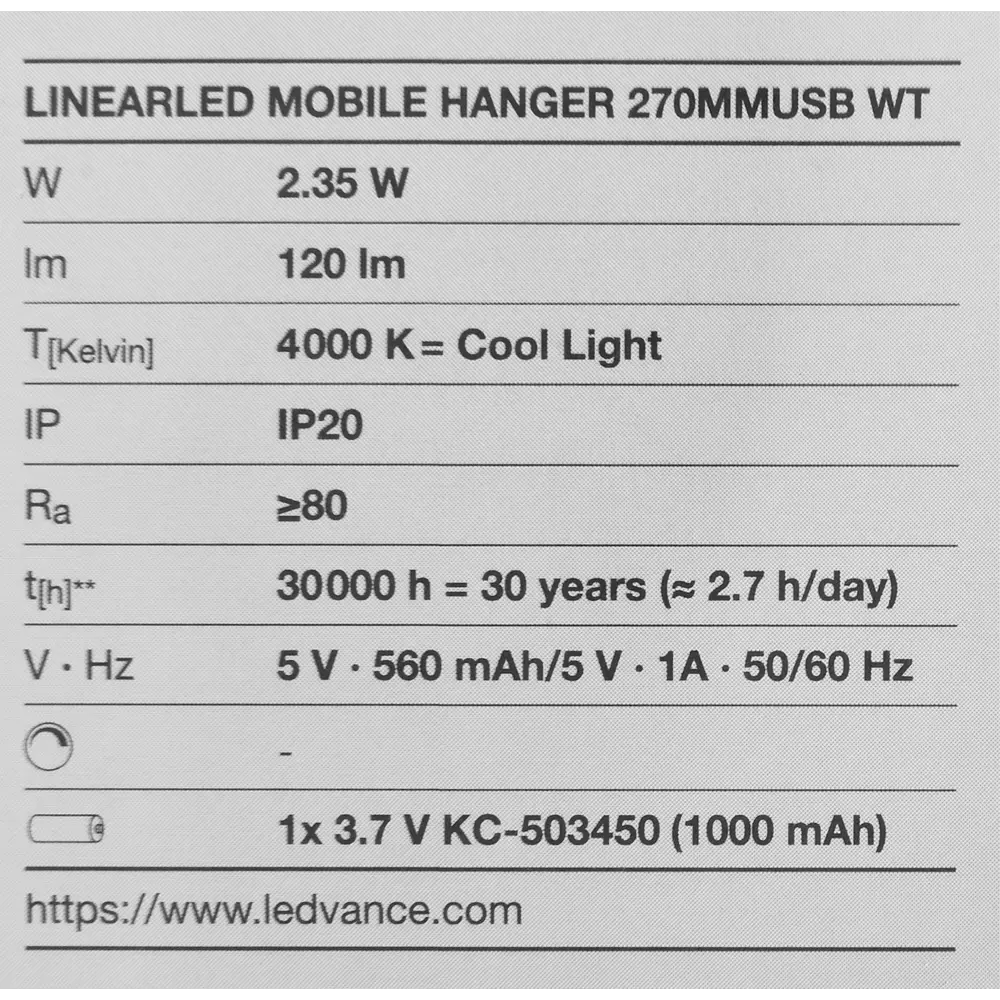 Светильник линейный светодиодный Ledvance Linear LED Mobile Hanger 270 мм 2.35 Вт, нейтральный белый свет, USB STLM-2170315 - Вид №9