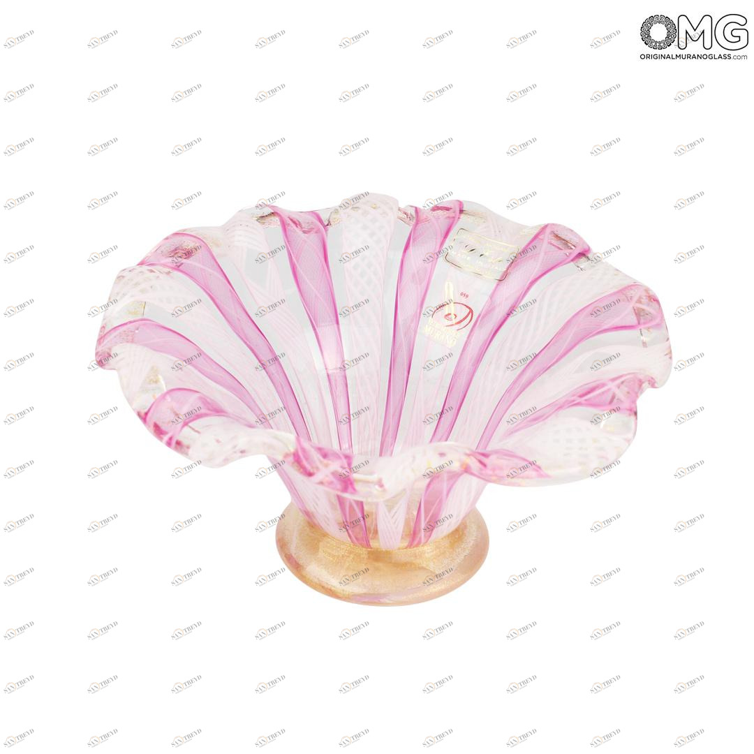 1875 ORIGINALMURANOGLASS Чаша Розово-Белая Филигрань - муранское стекло с листовым золотом 13 см 